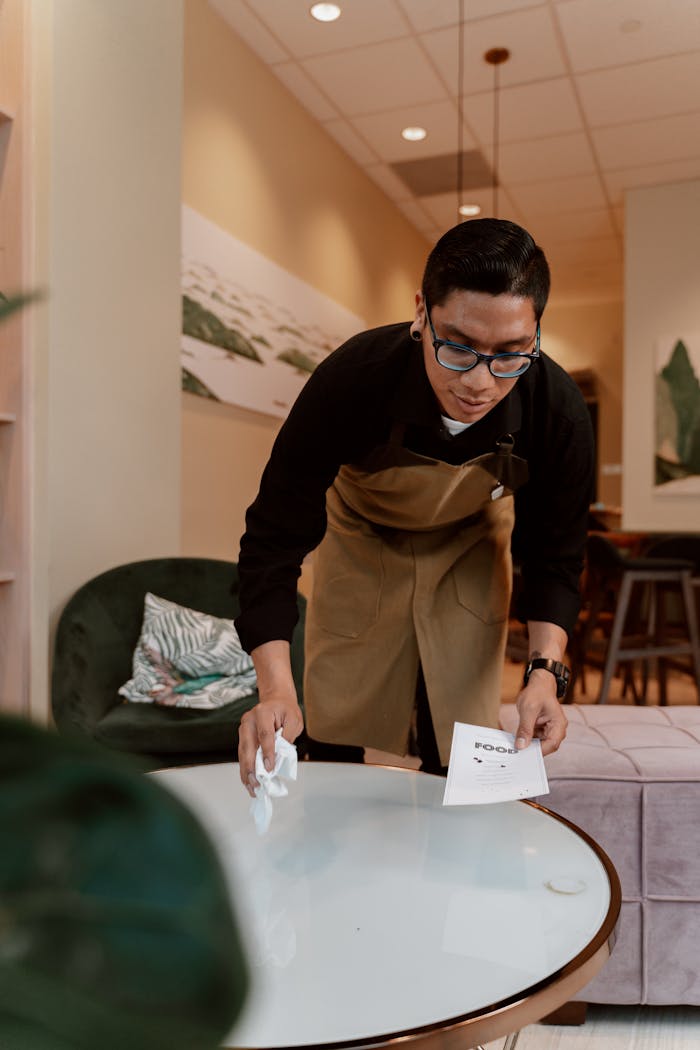 A waiter wearing glasses wipes a cafe table clean while organizing menus.